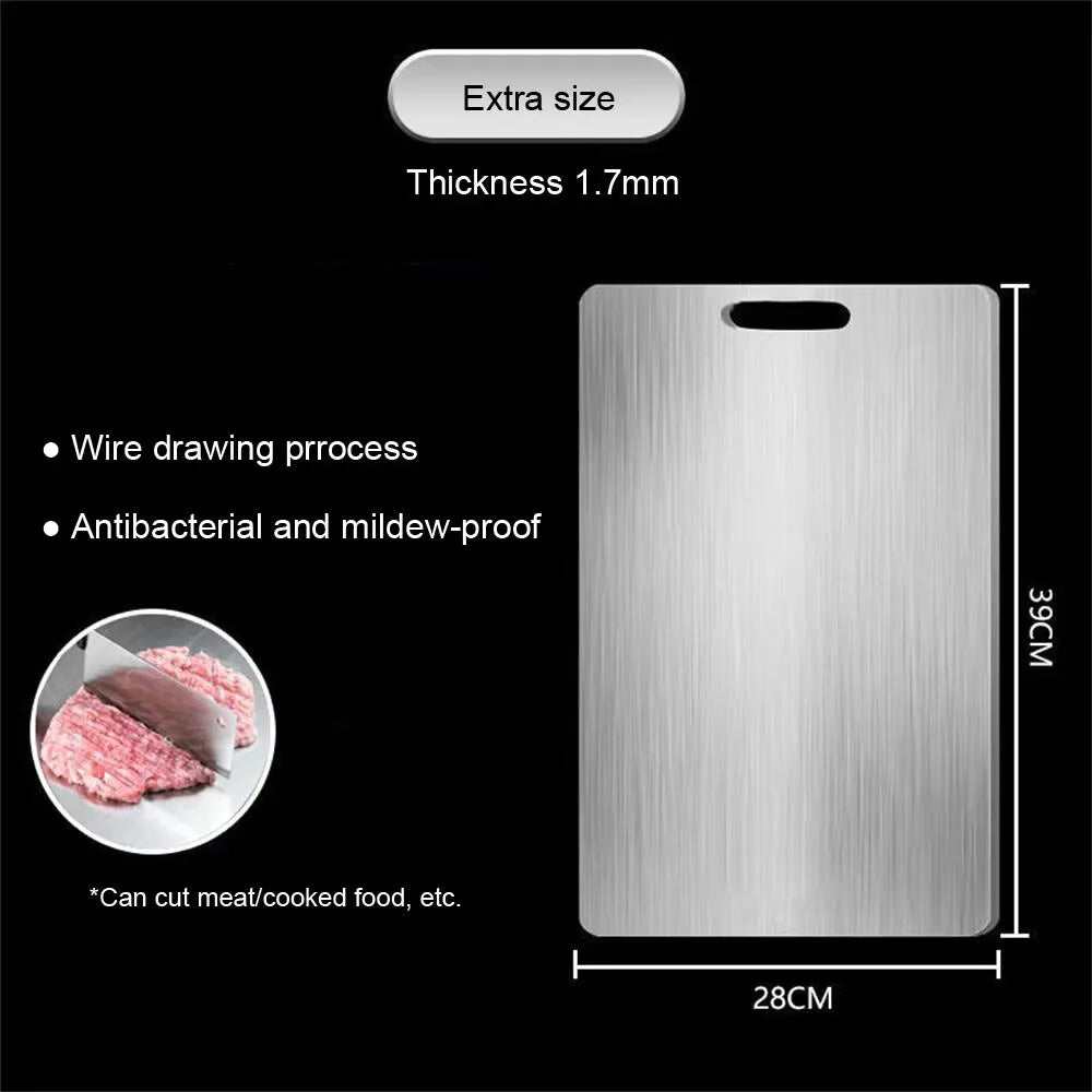 Stainless steel cutting board with dimensions and features on a black background