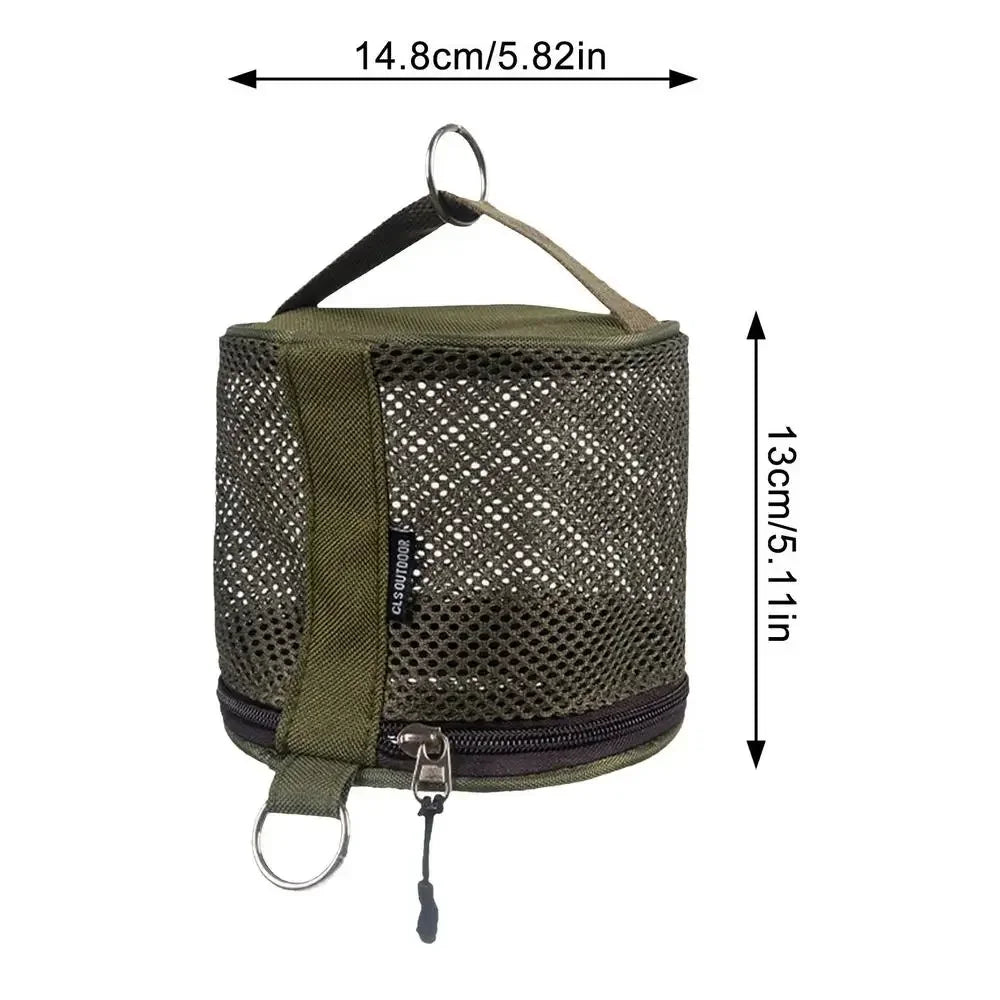 Green mesh bag with dimensions labeled on a white background