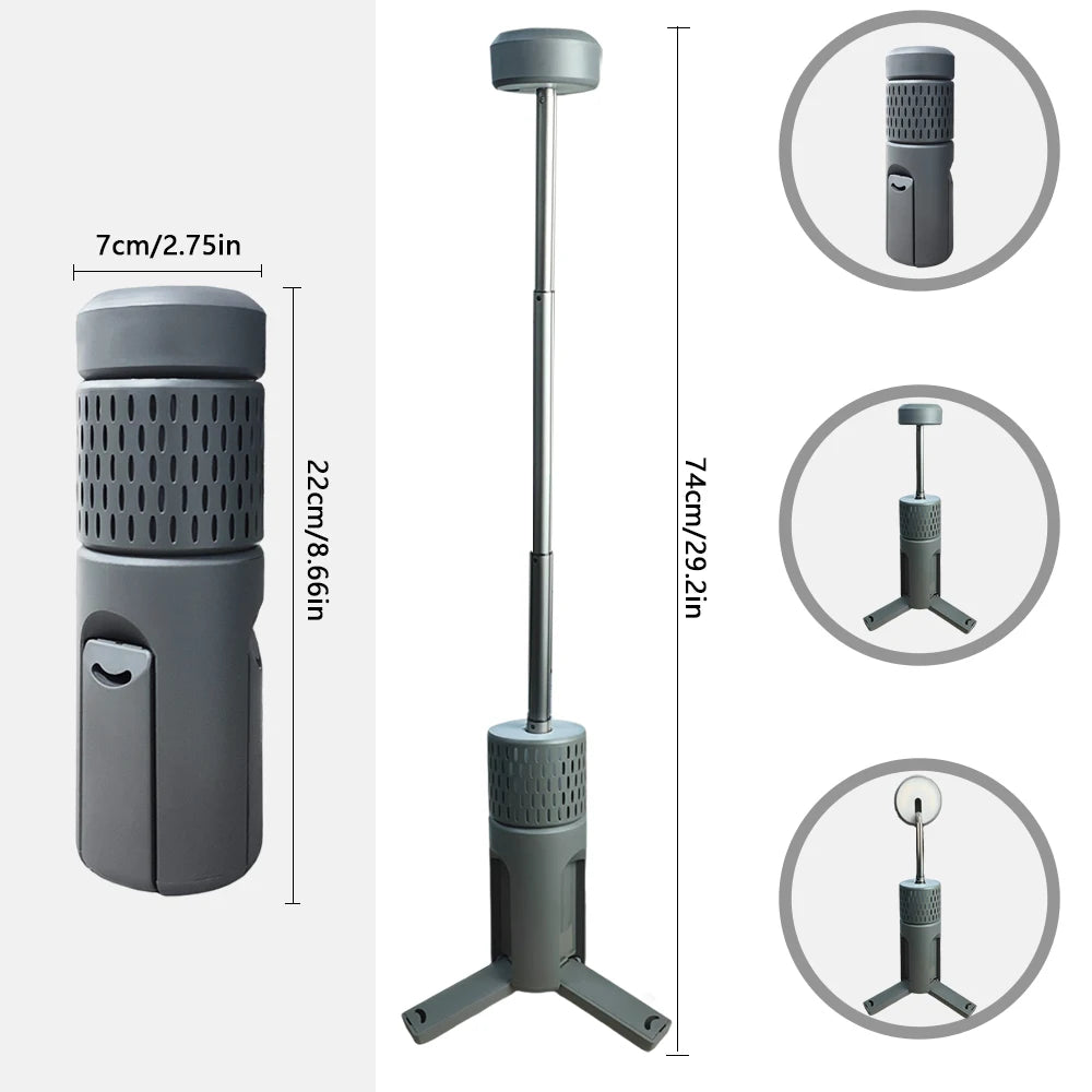 Gray adjustable stand with dimensions indicated on a white background