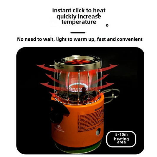 Orange camping stove with text on a white background