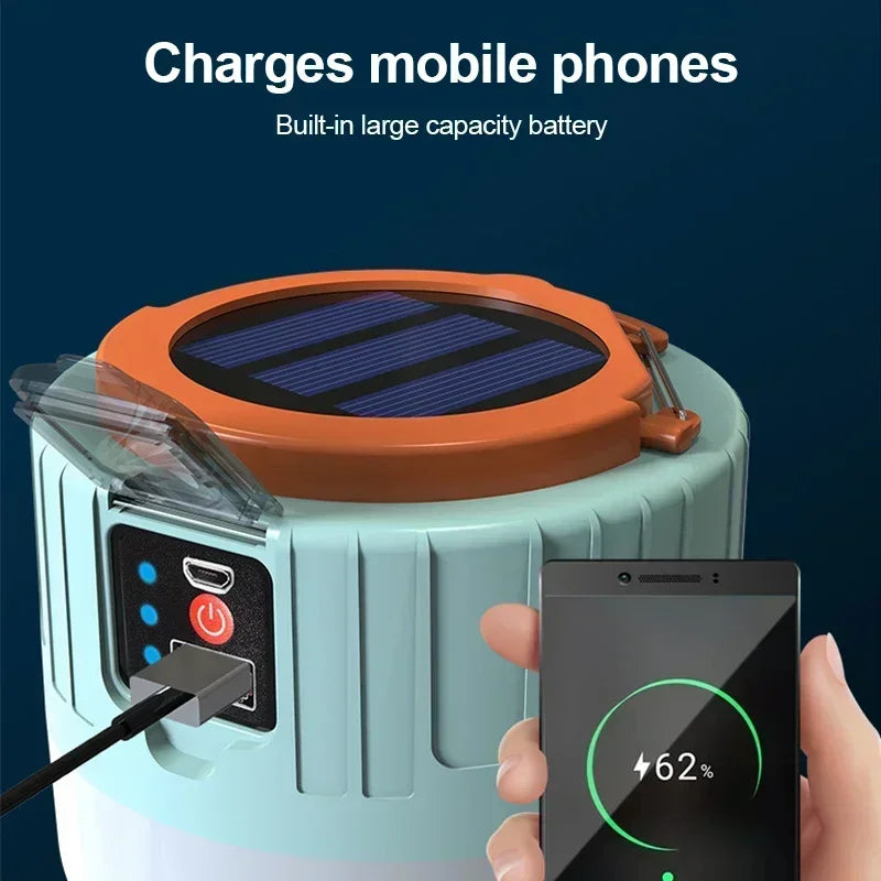Solar-powered device charging a smartphone with text indicating it charges mobile phones.