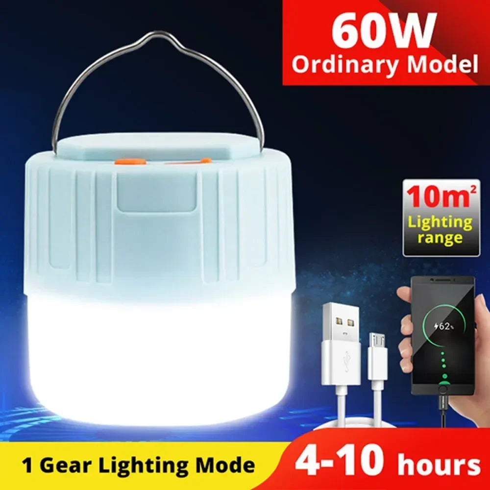 60W camping lantern with power bank and charging cable on a dark background