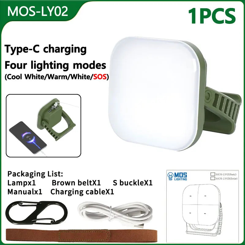 LED light with charging cable and accessories on a white background