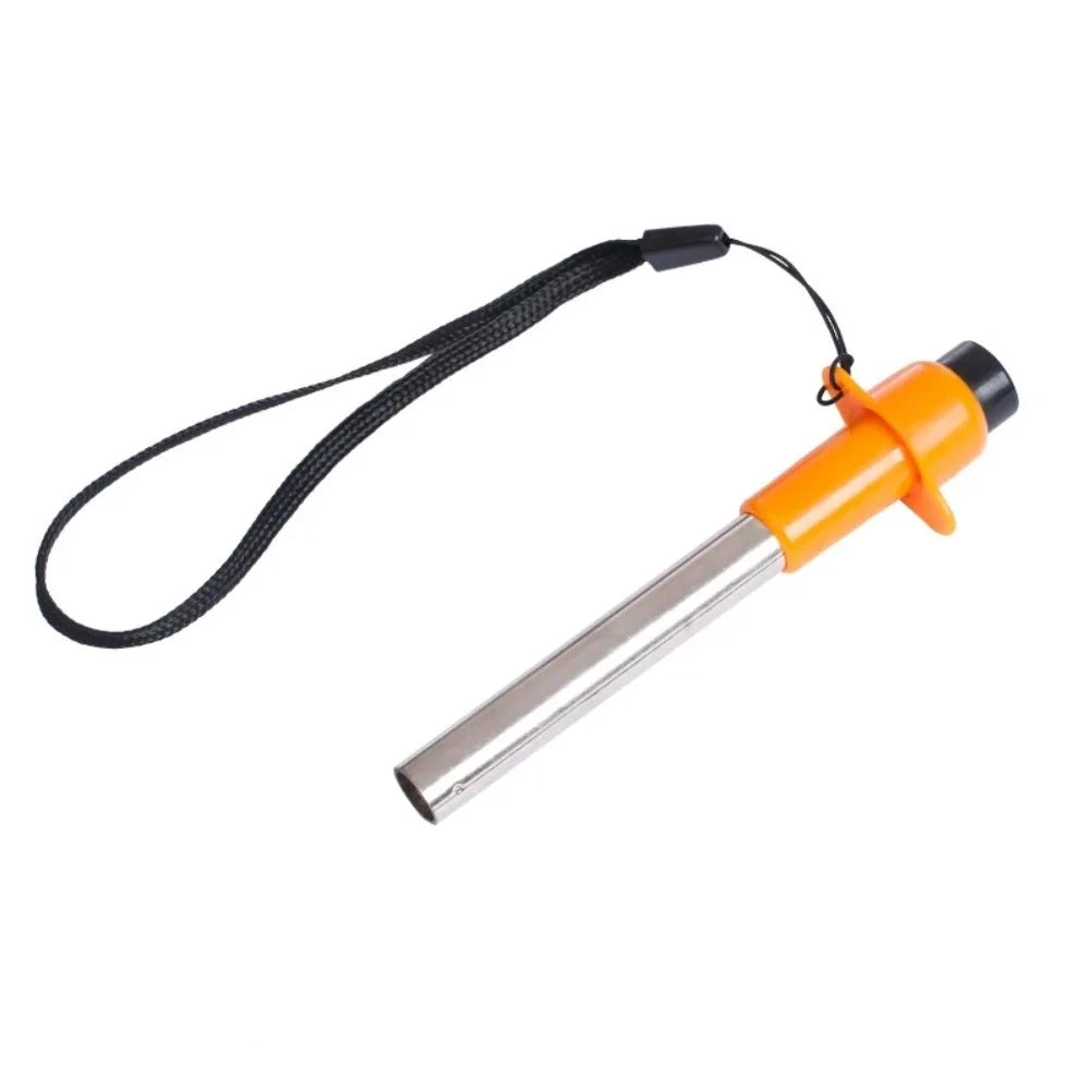 Fire starter with orange handle and metal striker on a white background