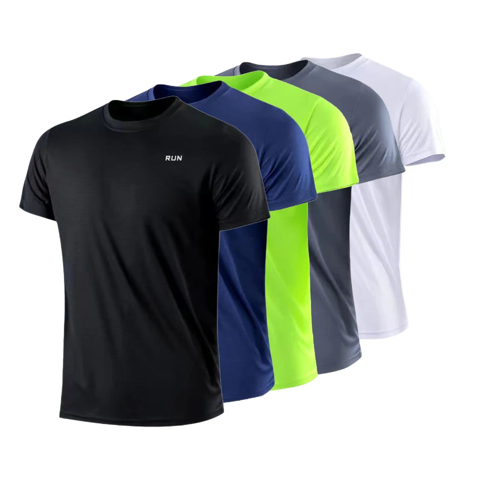 Set of five athletic shirts in black, blue, green, gray, and white on a white background.