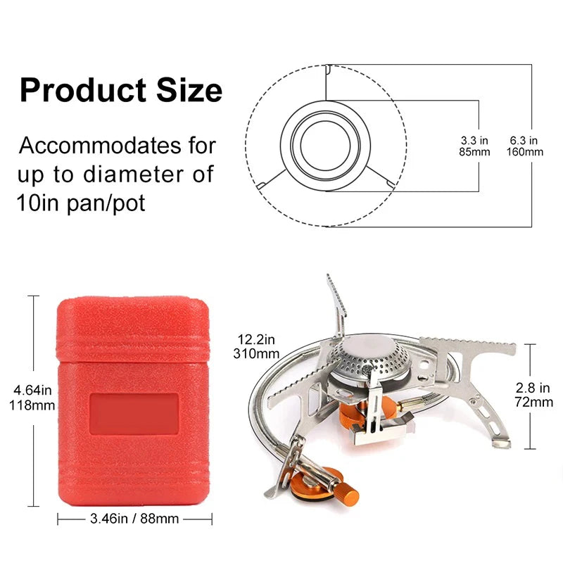 Measurement chart of a red container and a camping stove with dimensions labeled.
