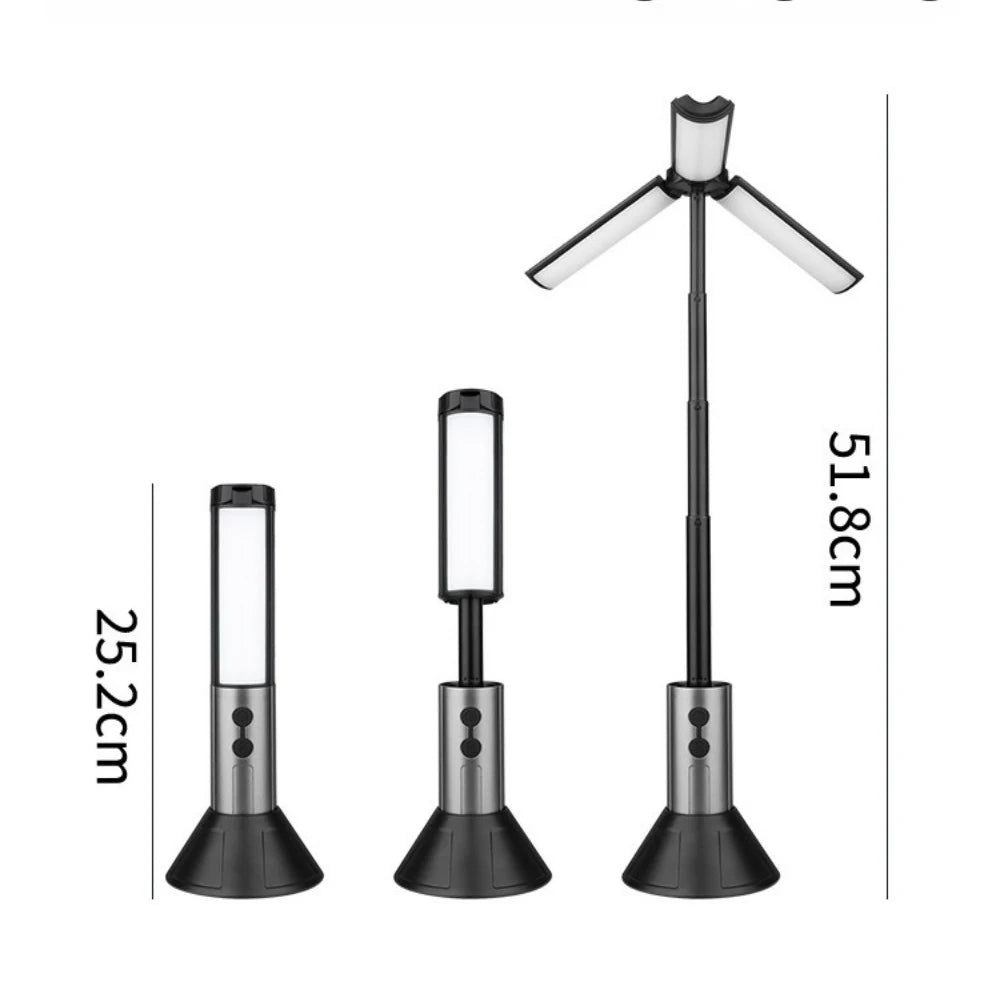 Three portable lamps of different heights with measurements on a white background