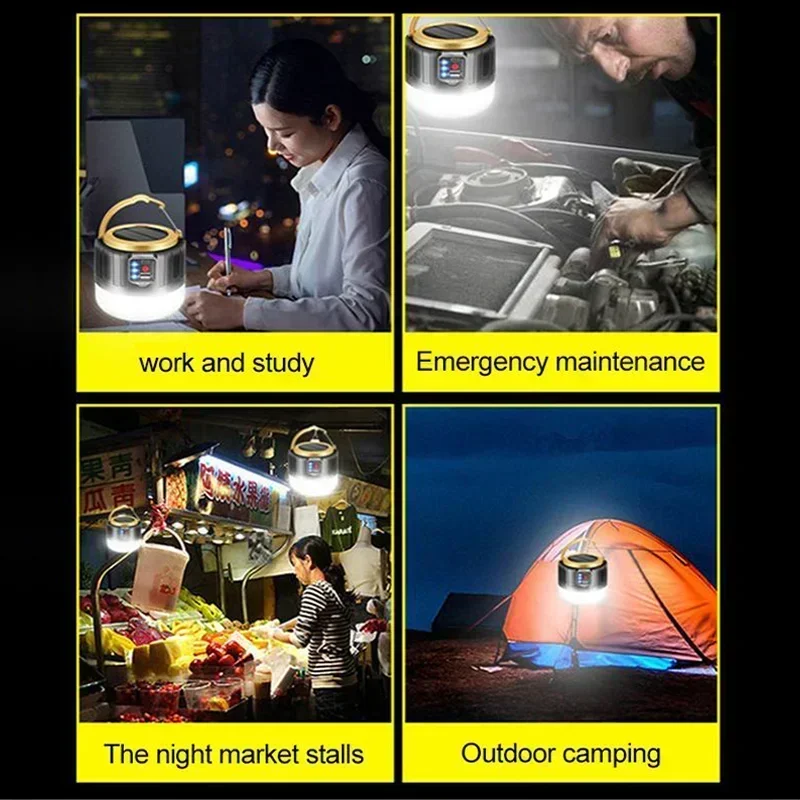 Collage of a portable light used for work, emergency, market stalls, and camping.