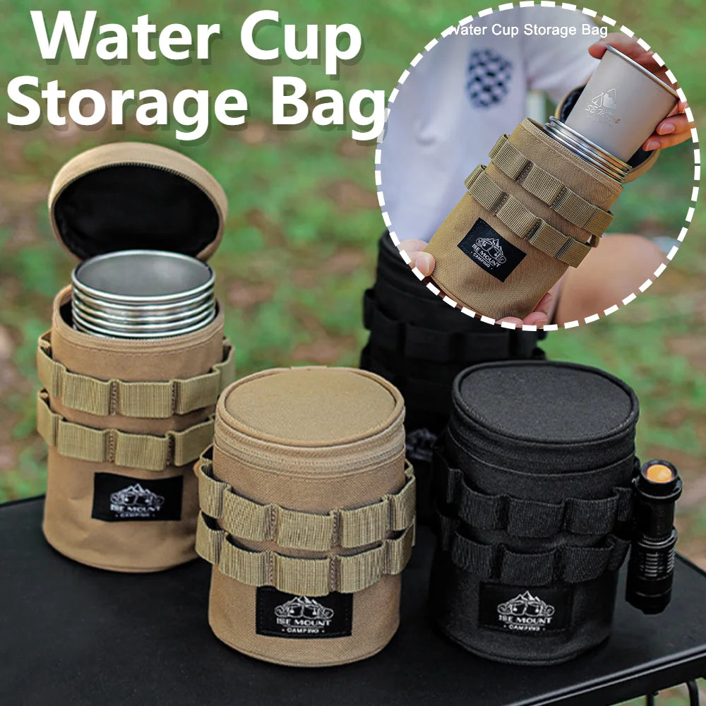 Water cup storage bags in beige and black with a close-up of a person holding one.