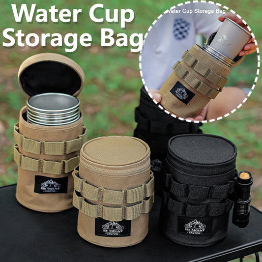 Water cup storage bags in beige and black with a close-up of a person holding one.