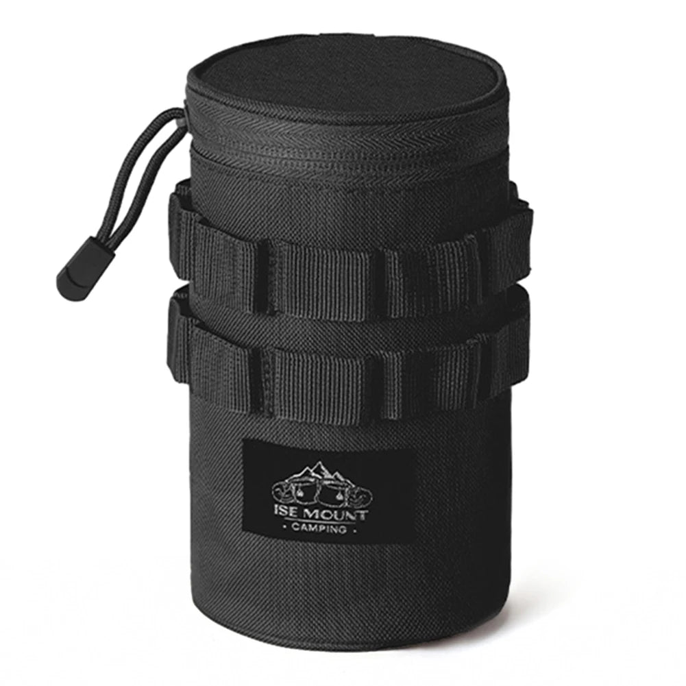 Black cylindrical pouch with straps and a visible brand logo on a white background