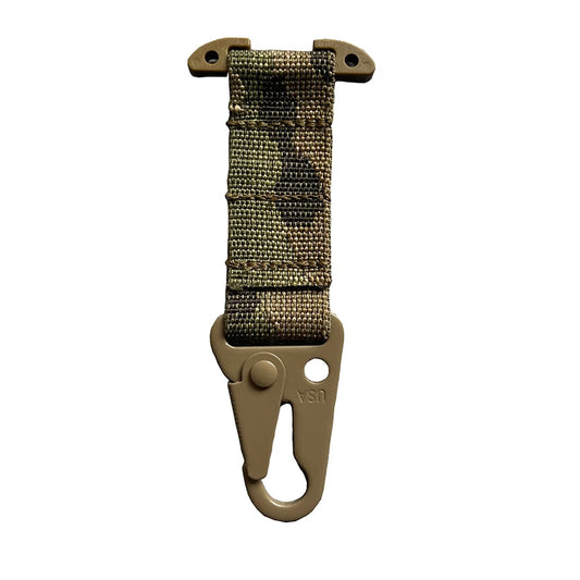 Camouflage webbing strap with a metal clip on a white background