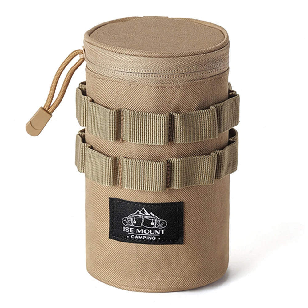 Tan cylindrical pouch with straps and a visible brand logo on a white background