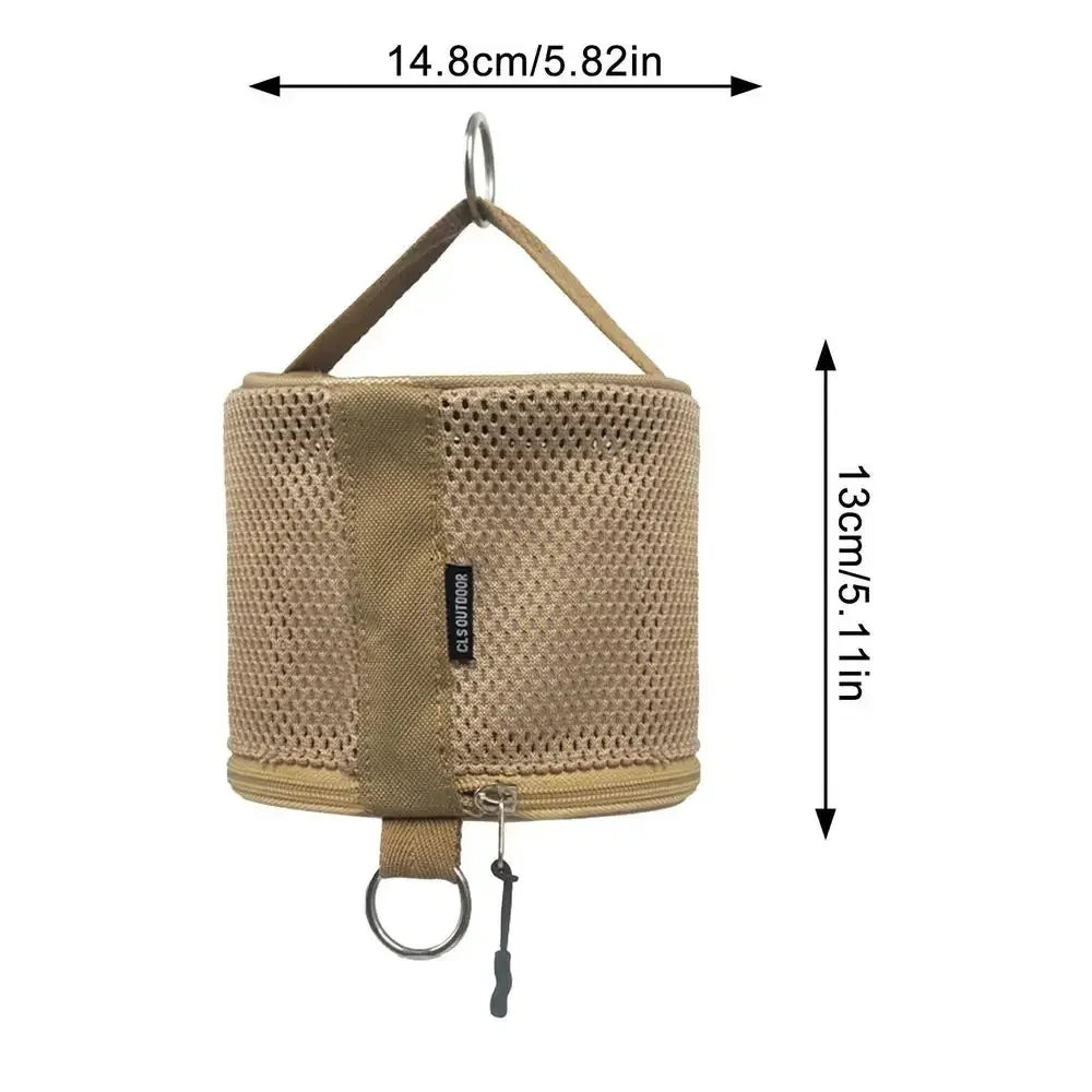 Beige hanging bag with measurements on a white background