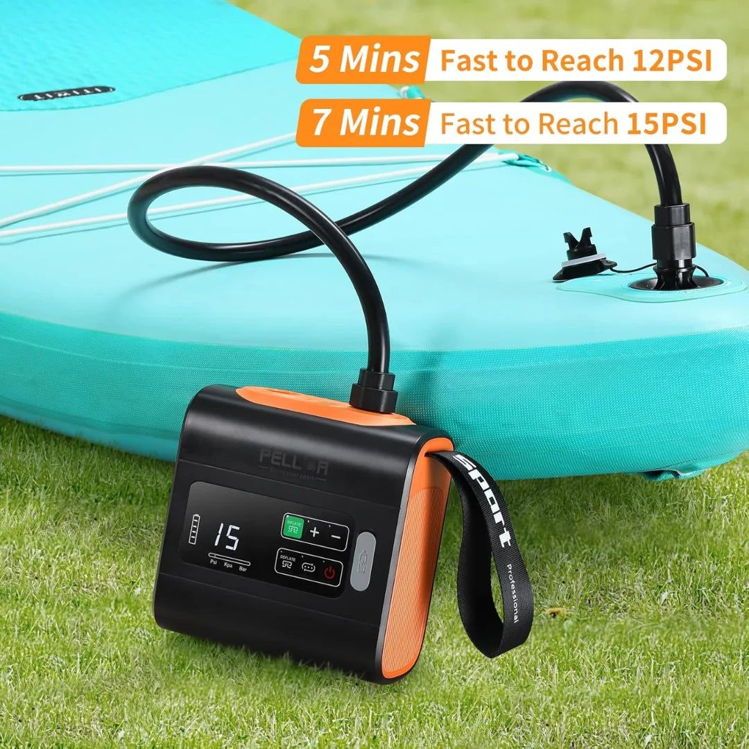 Portable air pump for inflatable boats on grass with text indicating quick inflation times.