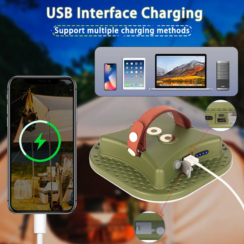 USB interface charging device with smartphone and tablet illustrations on a blurred outdoor background