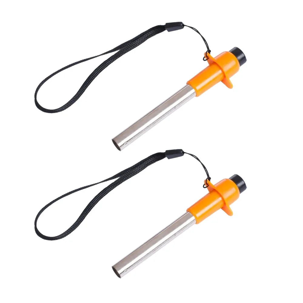Two orange fire starters with black handles on a white background