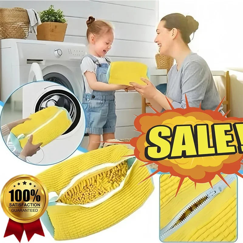 Woman and child with yellow laundry product, washing machine in background, sale banner overlay