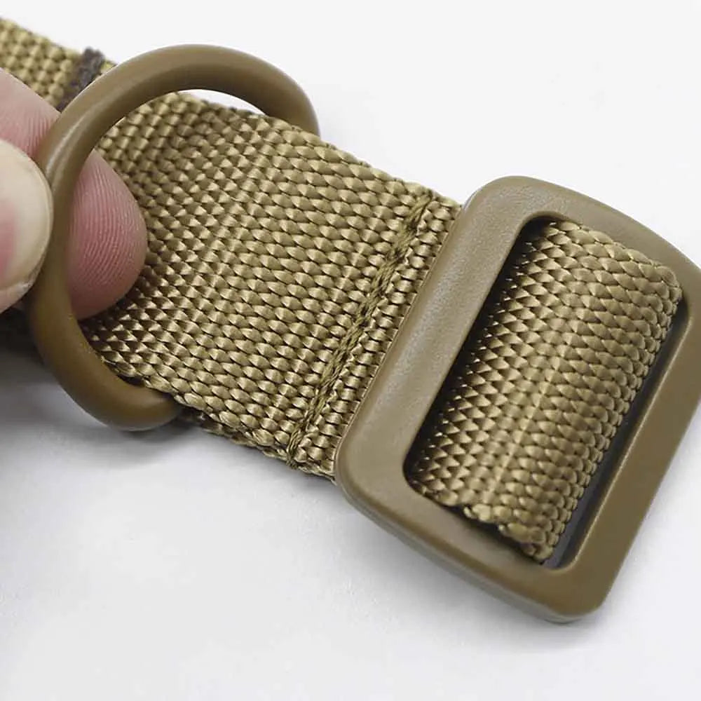 Close-up of a brown tactical belt with buckle on a white background
