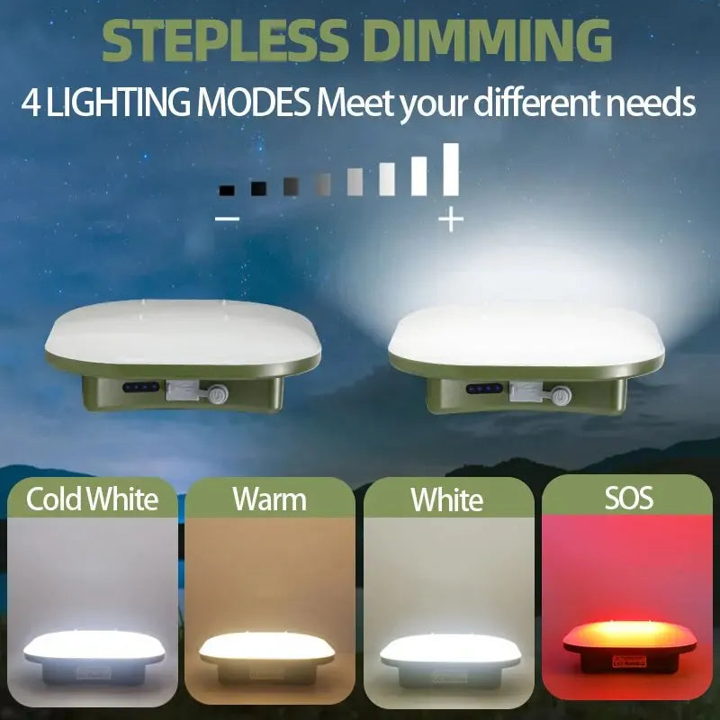 Lighting device with stepless dimming feature and four lighting modes on a dark background.