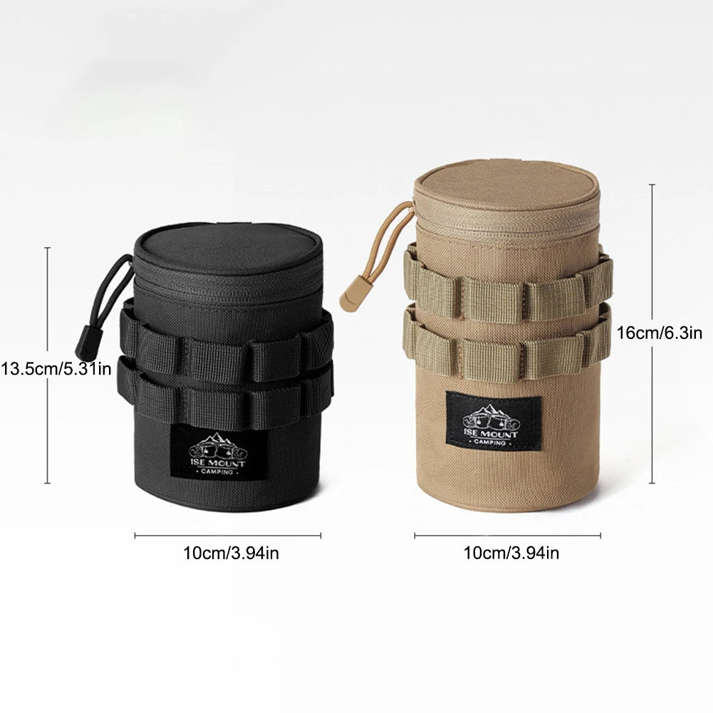 Black and beige cylindrical pouches with measurement indicators on a white background
