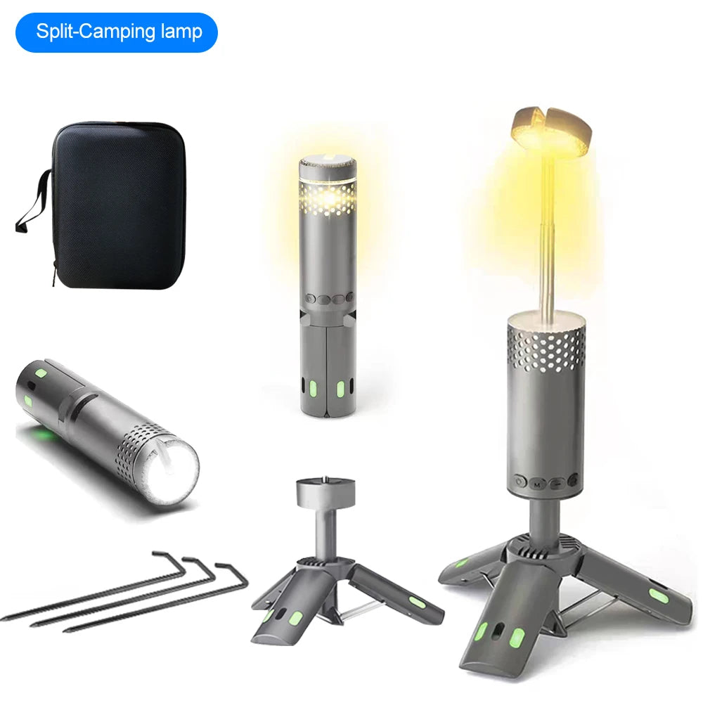 Split-camping lamp with adjustable stand, carrying case, and multiple light modes on a white background.