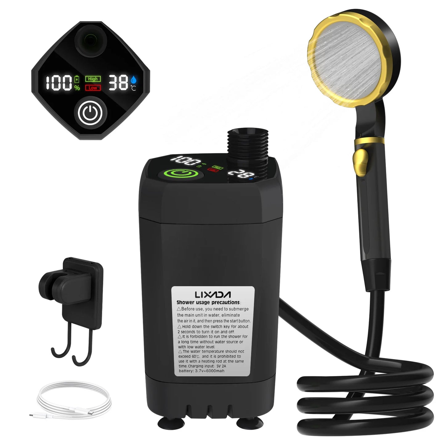 Black portable shower system with digital display, handheld shower head, and power cord on a white background.