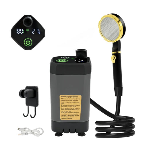 Portable shower system with handheld showerhead, control panel, and power cord on a white background