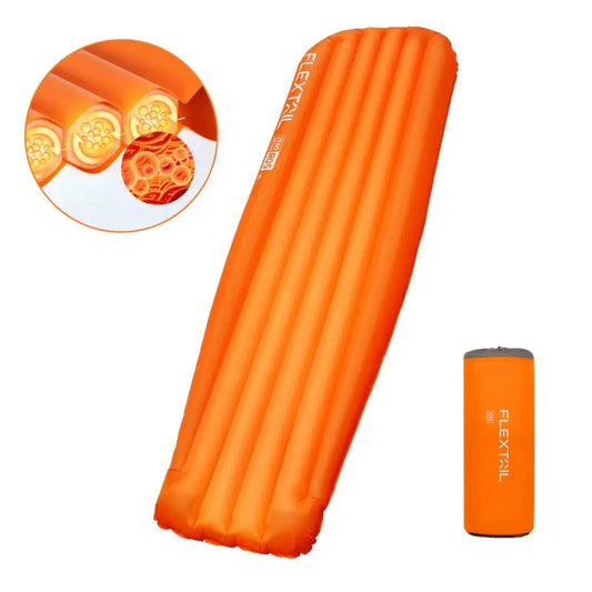 Orange inflatable sleeping pad with pump and close-up of material on a white background