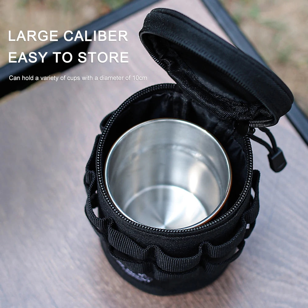 Black carrying case with a silver cup inside, on a neutral background