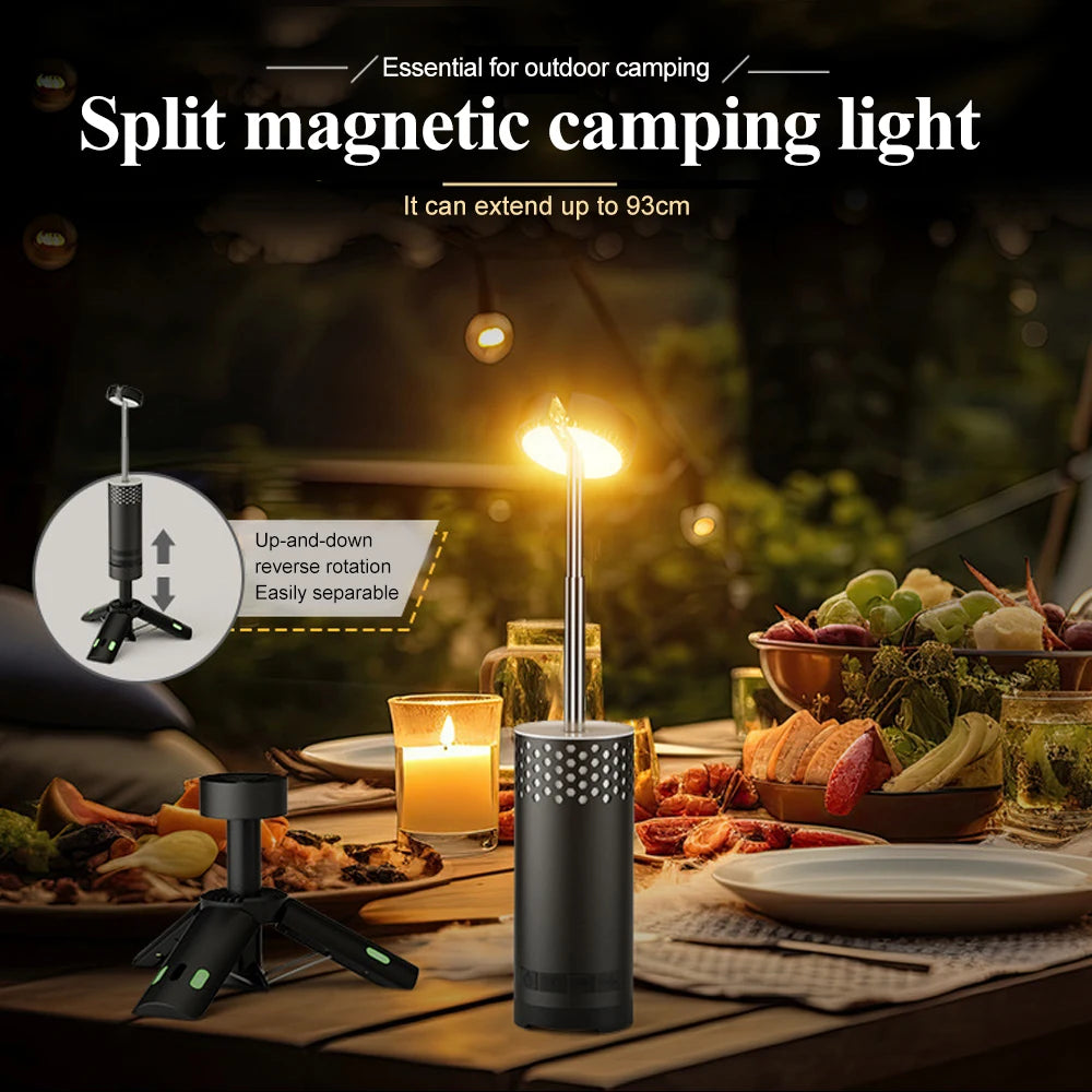 Split magnetic camping light on a table with outdoor camping setup, including food and candles.