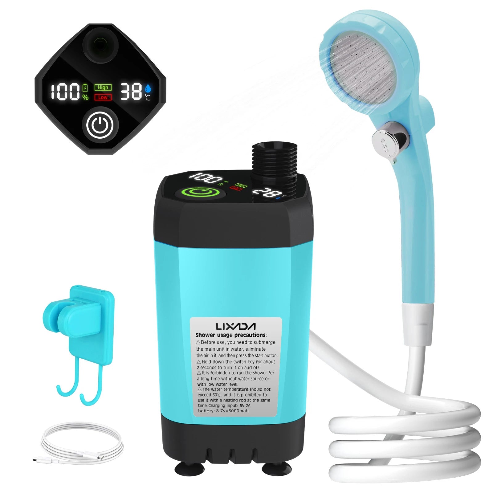 Blue and black shower pump system with digital display, handheld shower head, and accessories on a white background.