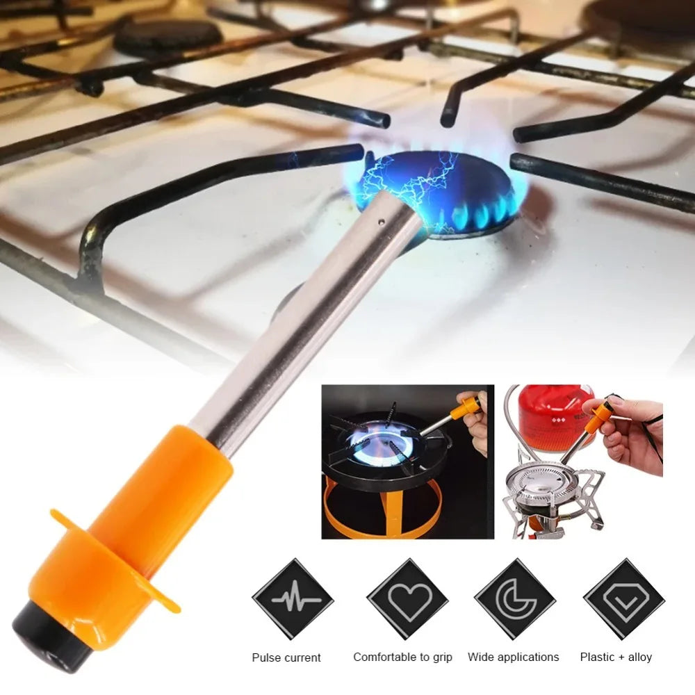 Flame lighter tool being used on a gas stove with additional images and text below.