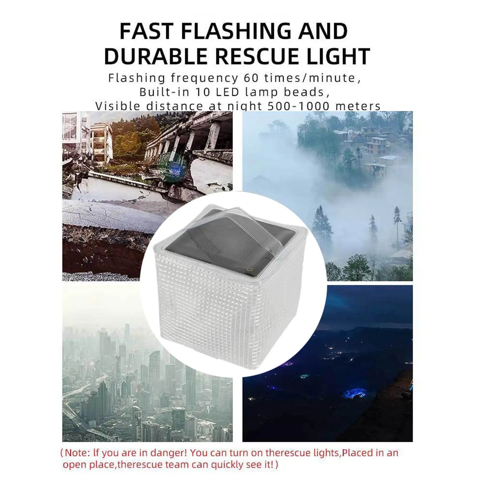 Rescue light with text on fast flashing and durability, shown in various settings.