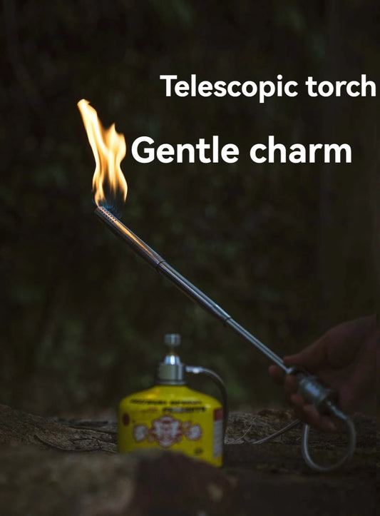 Telescopic torch with flame and 'Gentle charm' text on a dark background