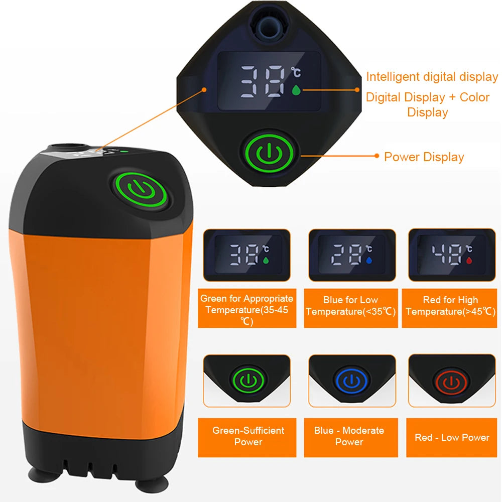 Orange and black air compressor with digital display and power indicators on a white background