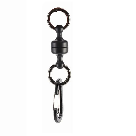 Black metal carabiner with a clip on a white background