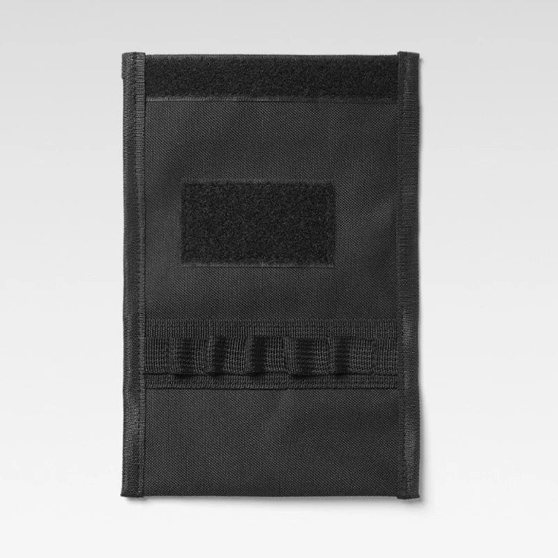 Black tactical pouch with multiple pockets on a light gray background