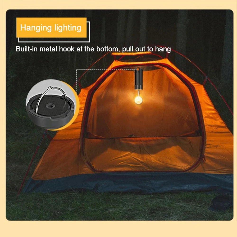 Camping tent with hanging light feature, showing metal hook and bulb inside.