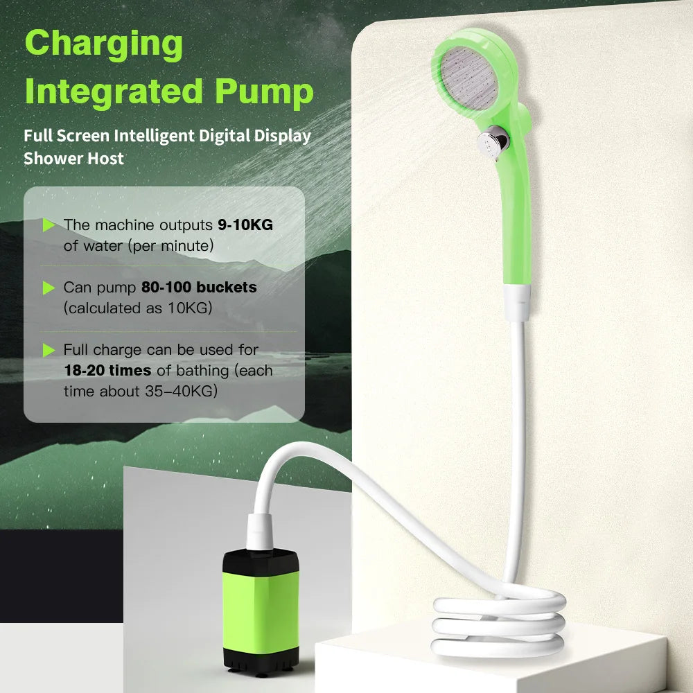 Green and white charging integrated pump with shower head on a white background