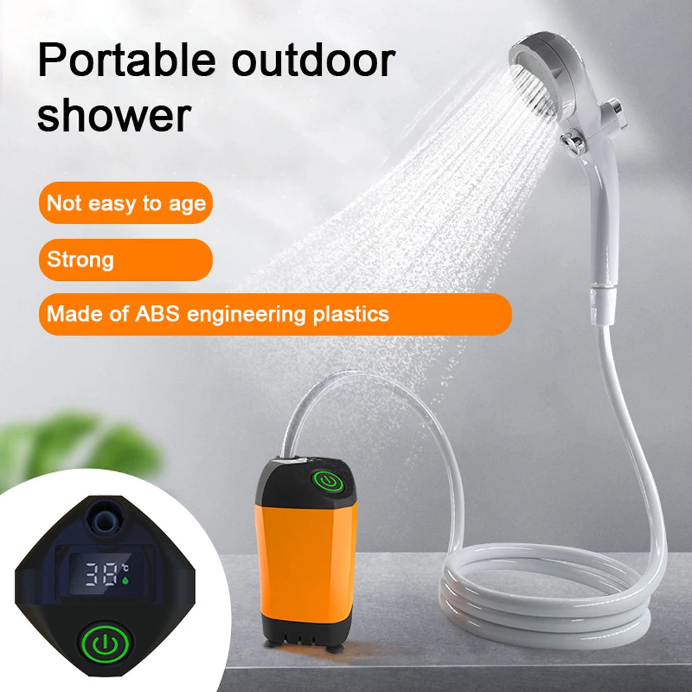 Portable outdoor shower with digital controller on a gray background