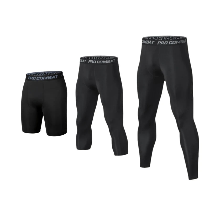Set of black compression pants with 'Pro Combat' branding on a white background