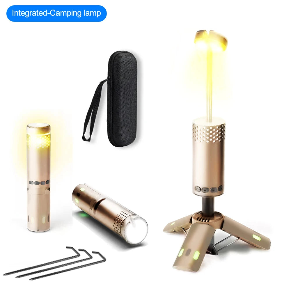 Integrated camping lamp with carrying case and accessories on a white background