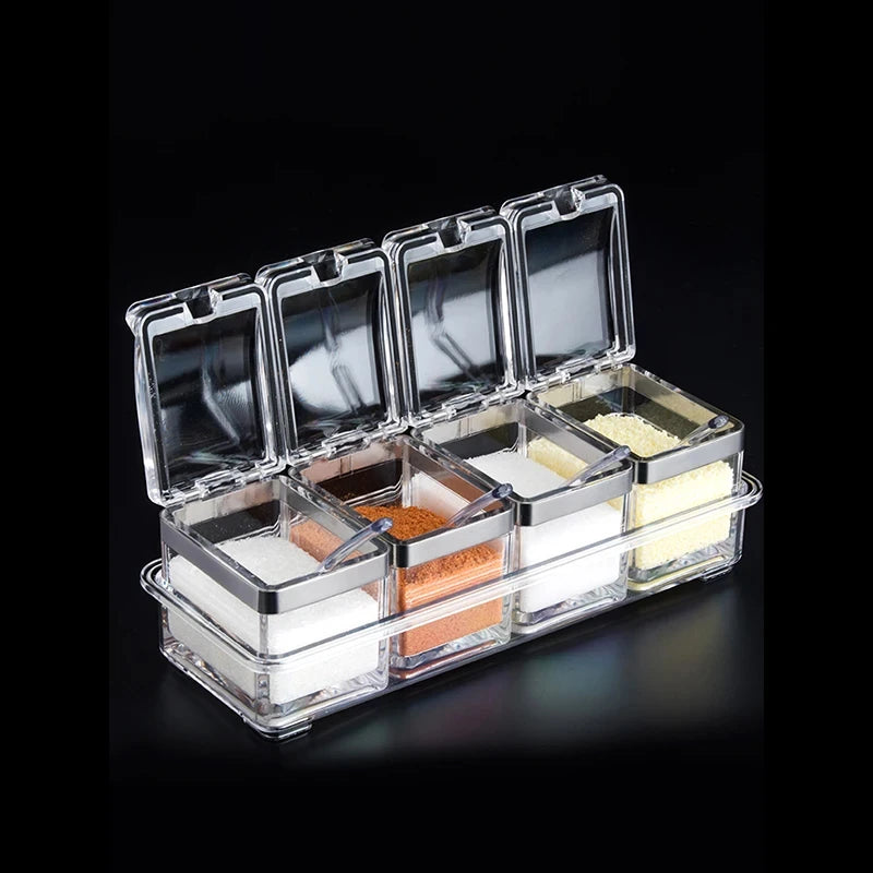 Clear spice rack with multiple compartments on a black background