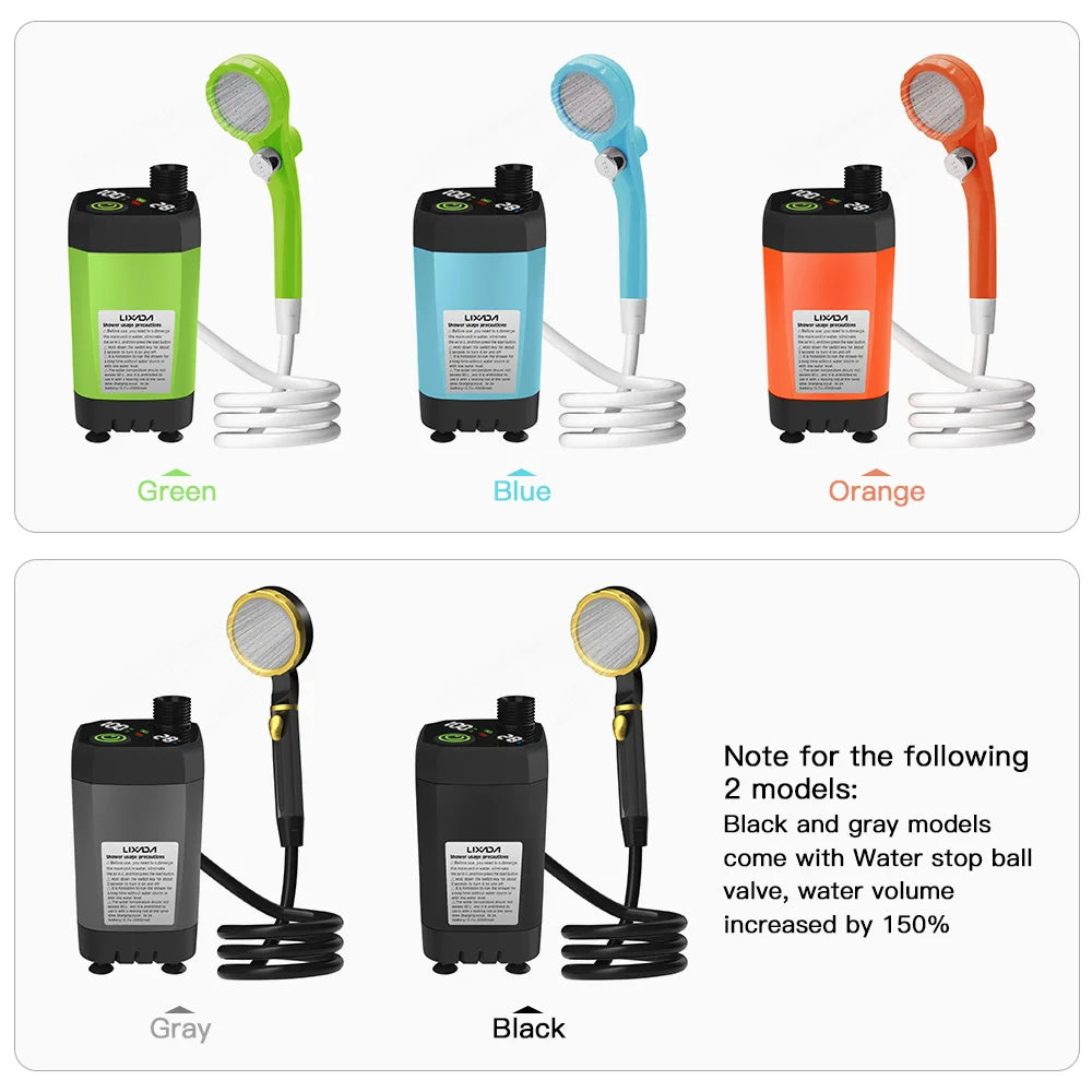 Set of handheld shower heads in green, blue, orange, gray, and black with coiled hoses on a white background.