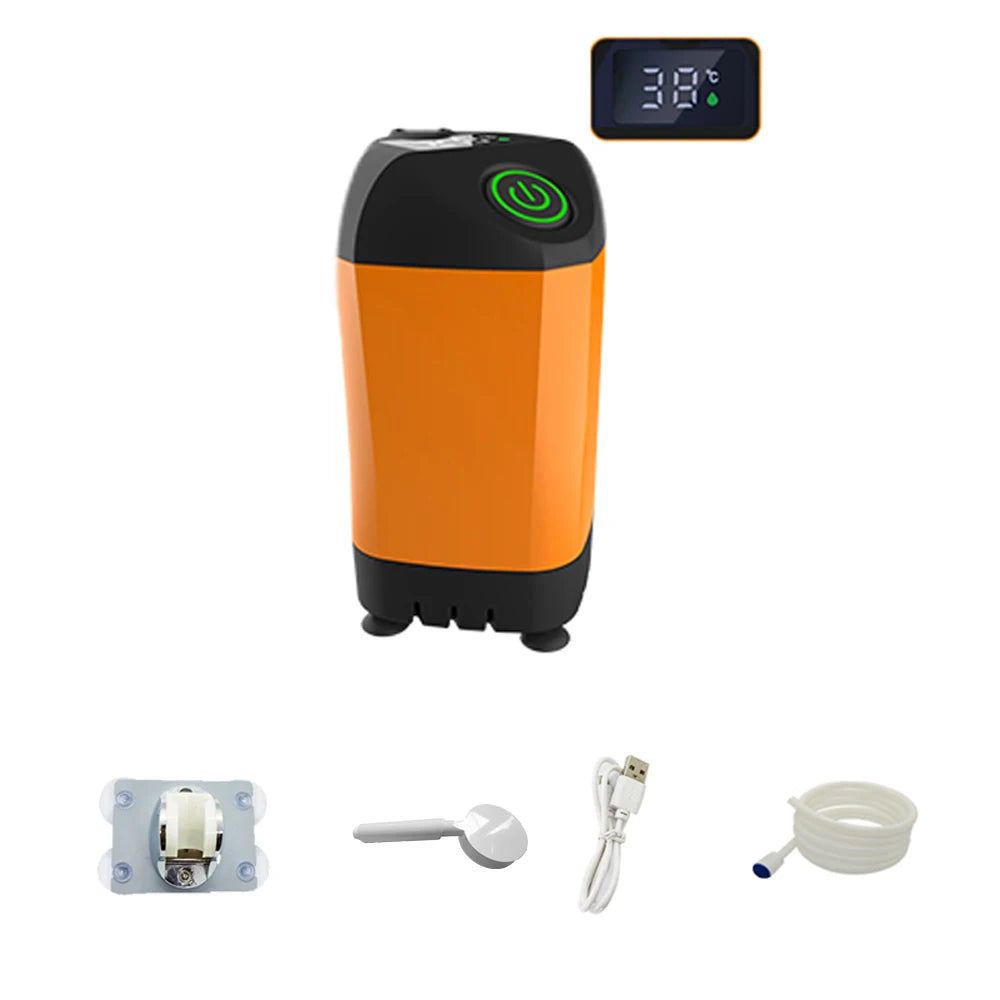 Orange and black electronic device with digital display, accessories on a white background