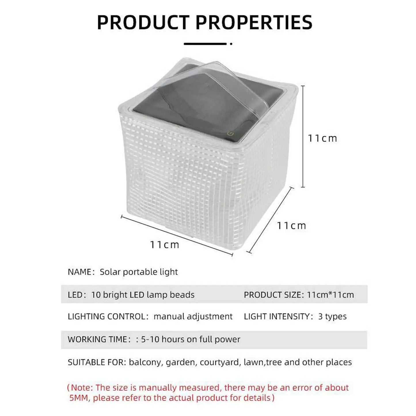Product properties of a solar portable light with dimensions and features listed.