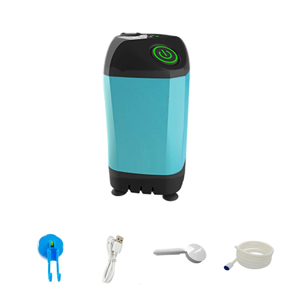 Turquoise and black electronic device with accessories on a white background