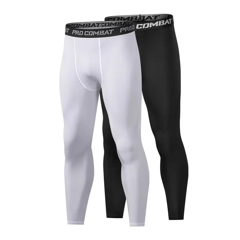 White and black compression leggings with 'Pro Combat' waistband on a white background