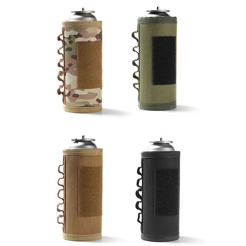 Four can coolers with camouflage and black patterns on a white background